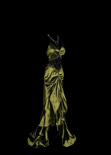 Vintage Mermaid Halter Olive Green 1950s Retro Classy Satin Long Prom Dresses Party Dress 21st Birthday Outfits Graduation Dresses HZ1023